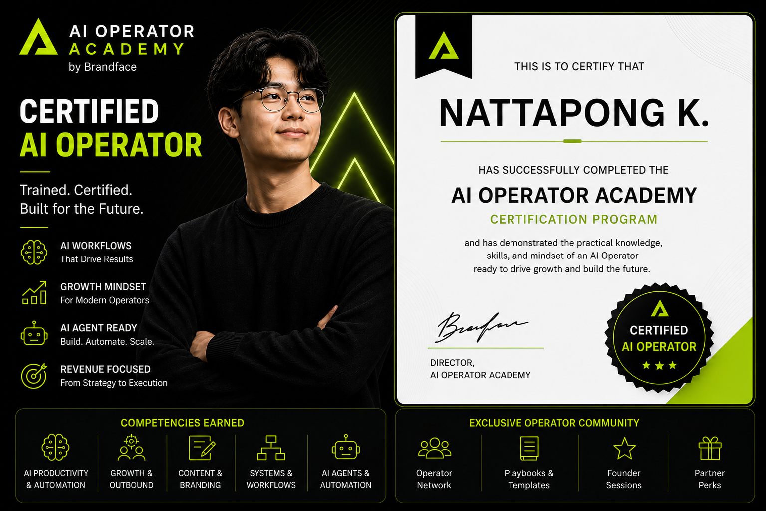 Certified AI Operator certificate issued by AI Operator Academy, showing competencies earned and exclusive operator community perks